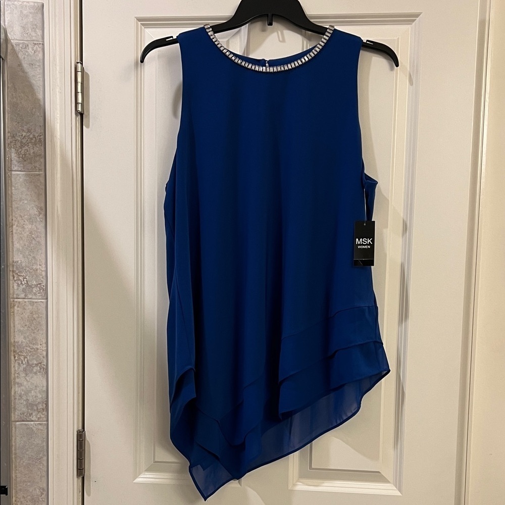 MSK Royal Blue Asymmetrical Top with Embellished Neckline